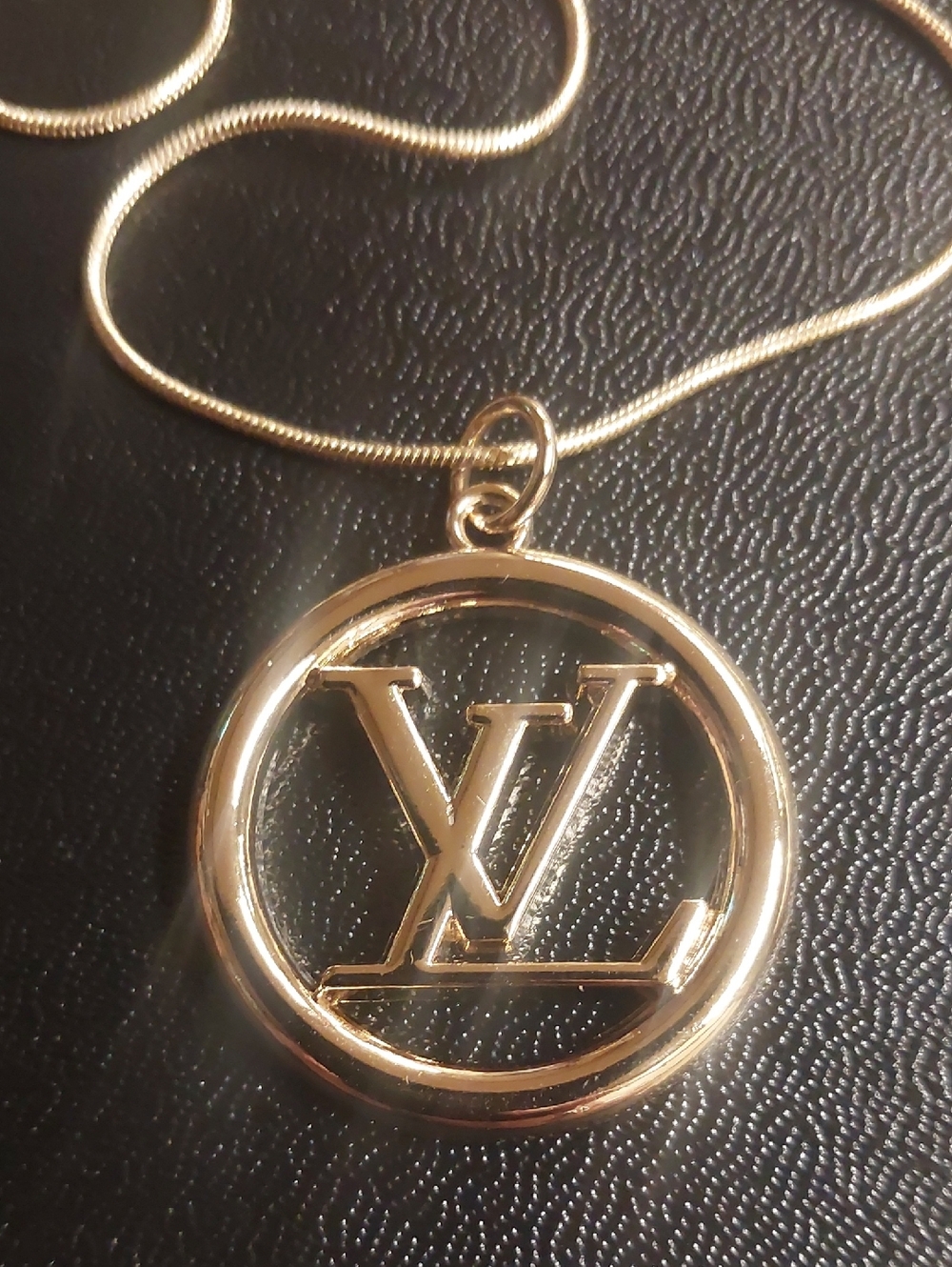 LV Round LV Logo Charm Pendant Necklace 18KT GP